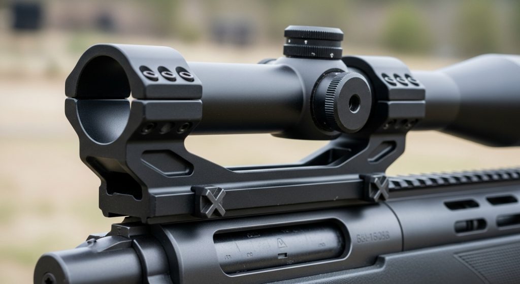 High mount with scope on rifle.