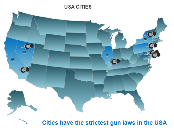 USA map with cities that have the strictest gun laws marked