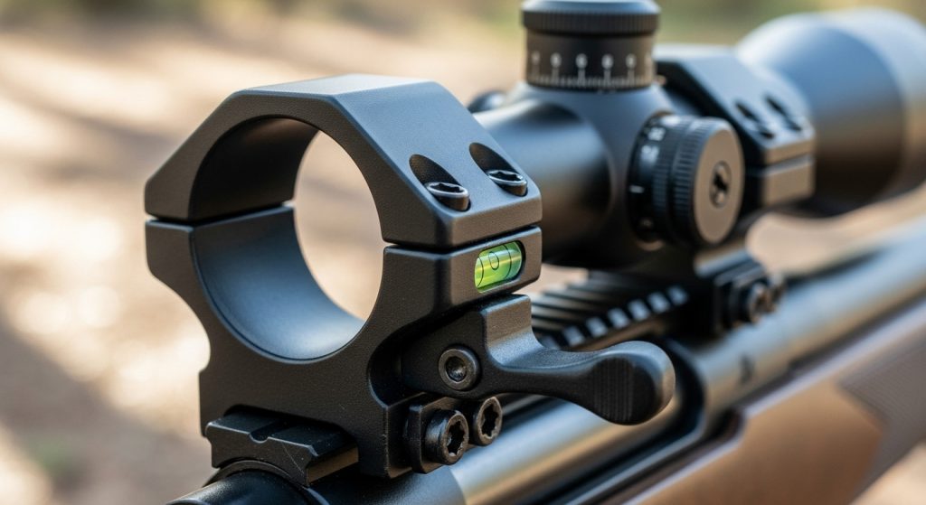 Scope with level on rifle.